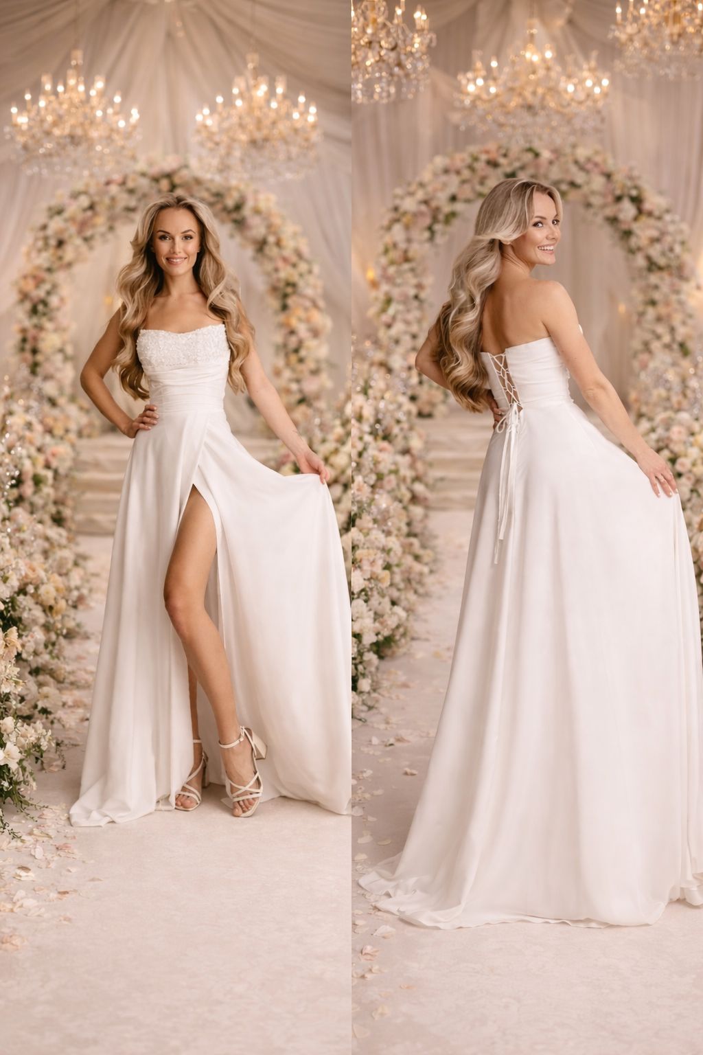 Vestido Wedding Lina Vestido de noiva branco sem alças com fenda alta e detalhe de laçada nas costas