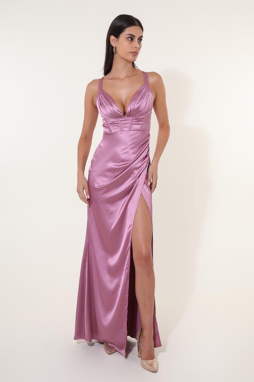 Vestido Luxe Cetim Vestido longo lavanda acetinado com decote em V e racha lateral alta