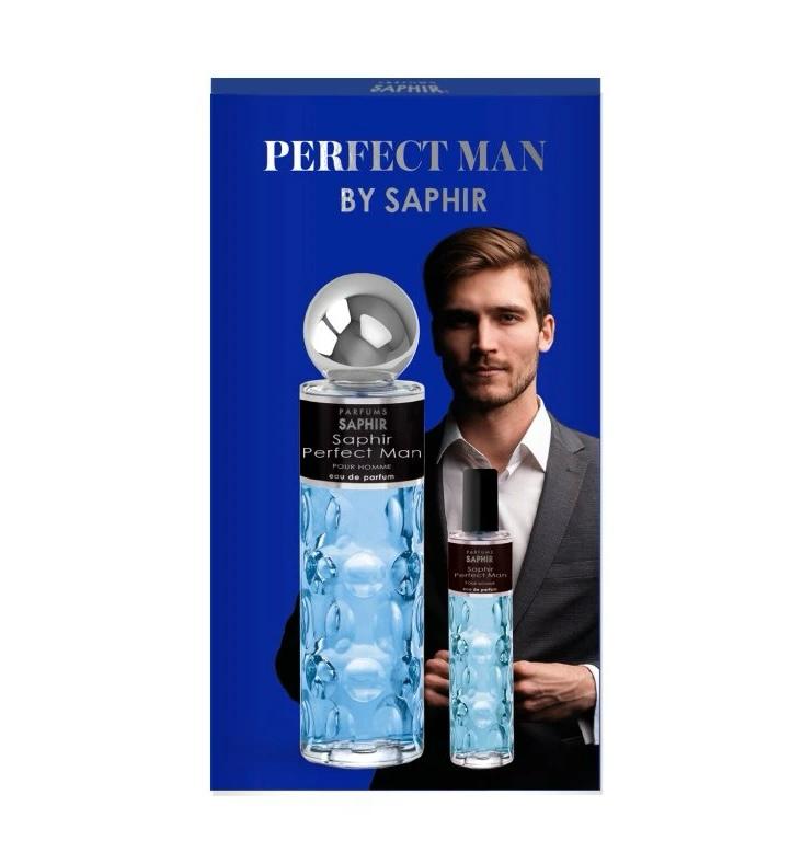 Coffret 200ml + 30ml Invictus de Paco Rabanne (Genérico) Embalagem azul de perfume Perfect Man by Saphir com frascos e homem de fato