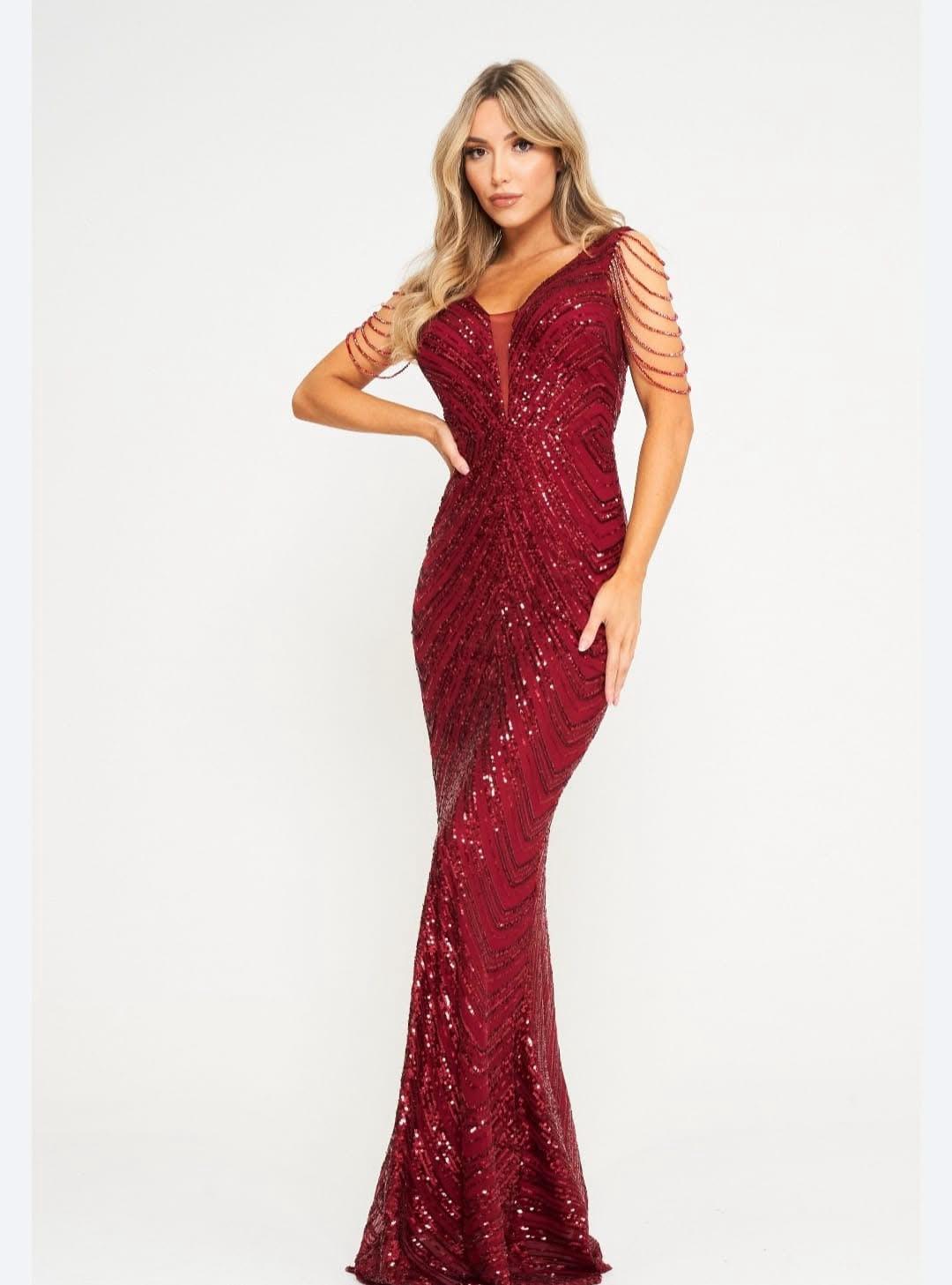 Vestido Dalila Vestido comprido vinho com lantejoulas, mangas com franjas e decote em V