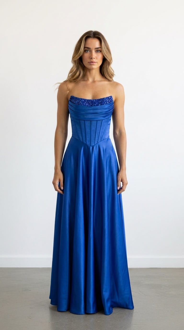 Vestido Midnight Corset Vestido azul royal longo de tecido acetinado com corpete estruturado e detalhe brilhante no decote reto sem alças