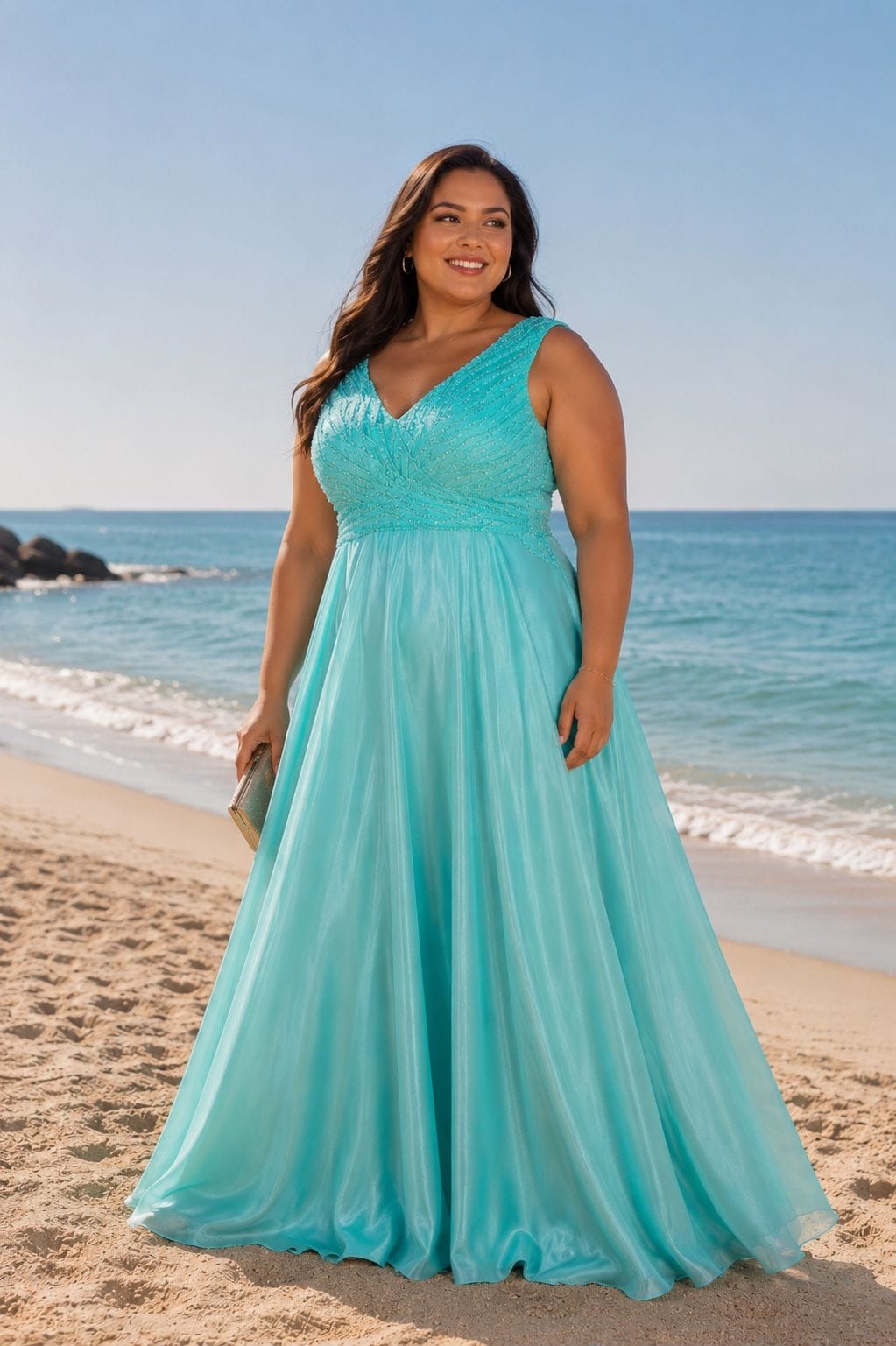 Vestido Esmeralda XL SIZE Vestido longo azul claro com decote em V e detalhes, mulher na praia