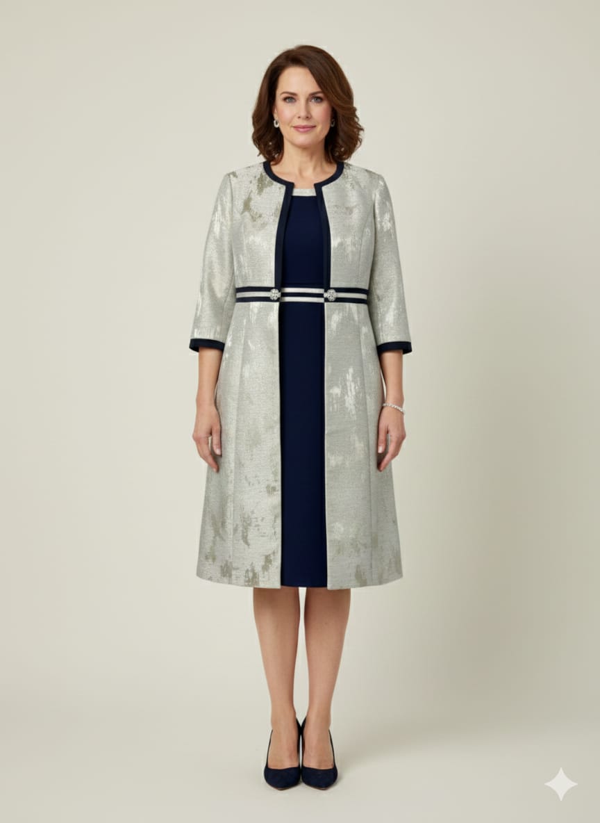 Conj. Lautinel (Blazer Comprido e Vestido) Mulher com vestido azul escuro e casaco prateado com detalhes azul marinho