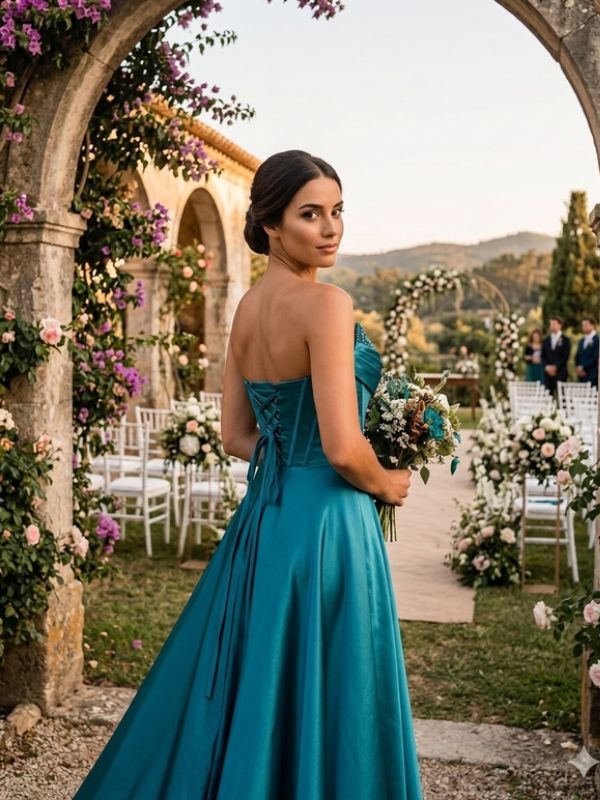 Vestido Midnight Corset Vestido azul-turquesa de festa sem alças com amarração nas costas em cenário de casamento ao ar livre