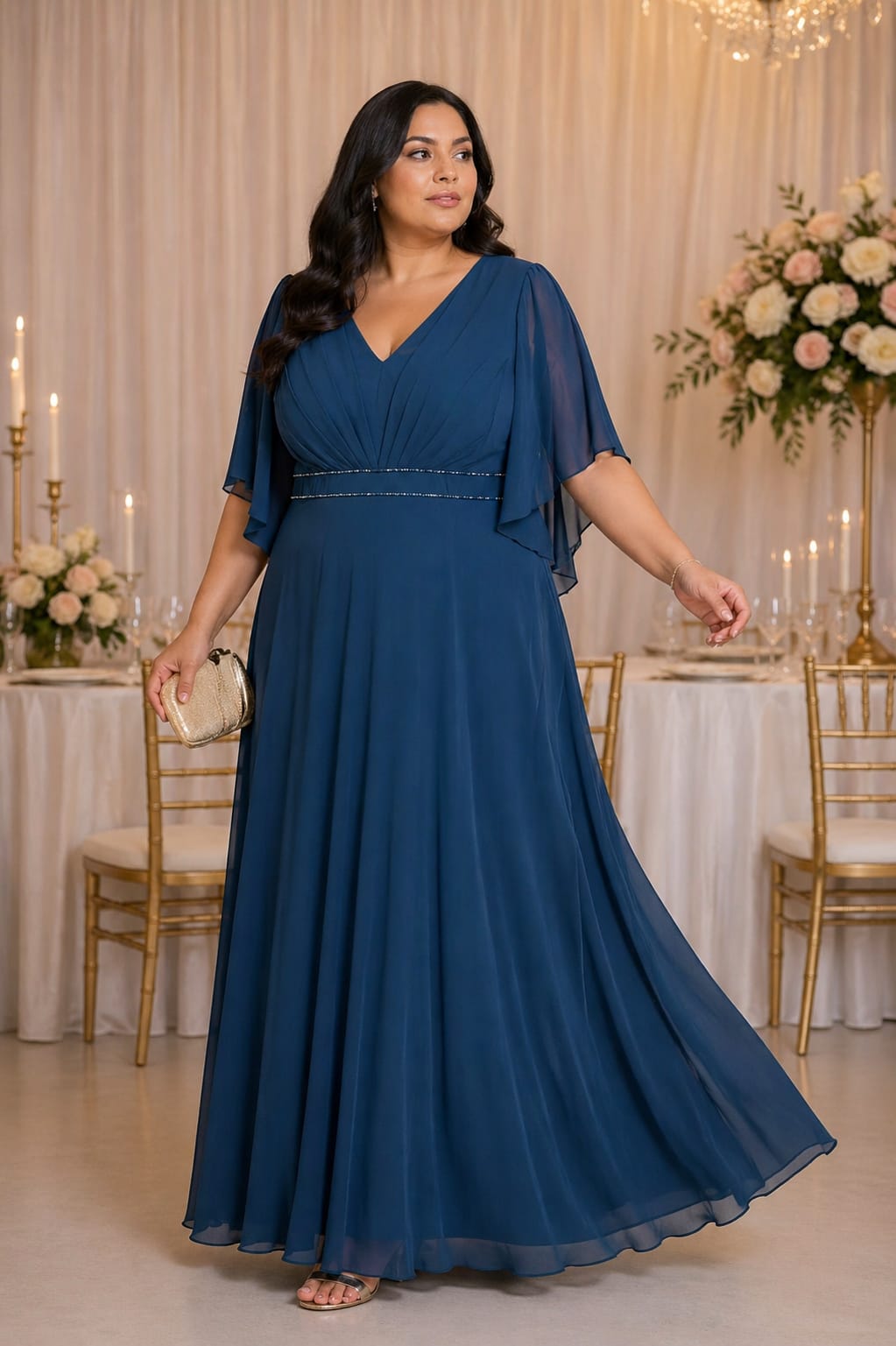 Vestido Eclipse Vestido longo azul com mangas transparentes e cinto com brilhos