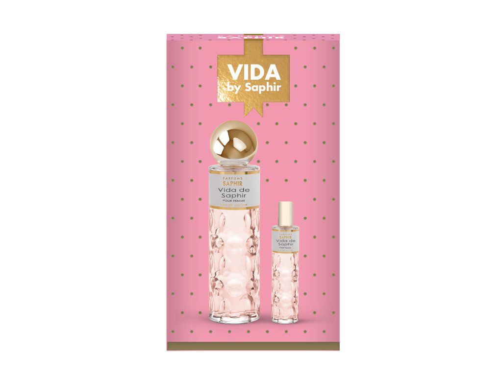 Coffret 200ml + 30ml La Vie Est Belle de Lancôme (Genérico) Embalagem rosa com padrão dourado e dois frascos transparentes de perfume VIDA by Saphir