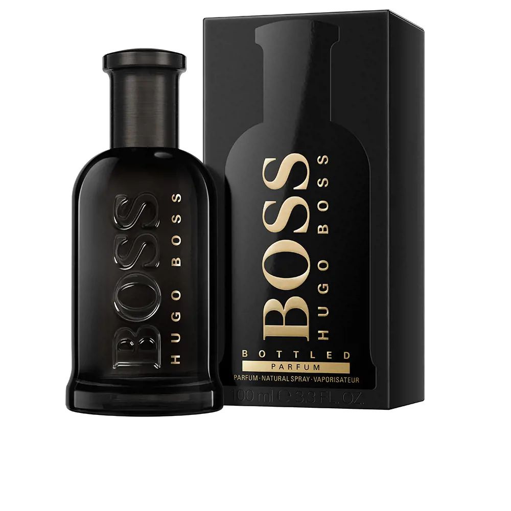 Boss Bottled de Hugo Boss (Genérico) Frasco e caixa de perfume BOSS HUGO BOSS preto com letras douradas.