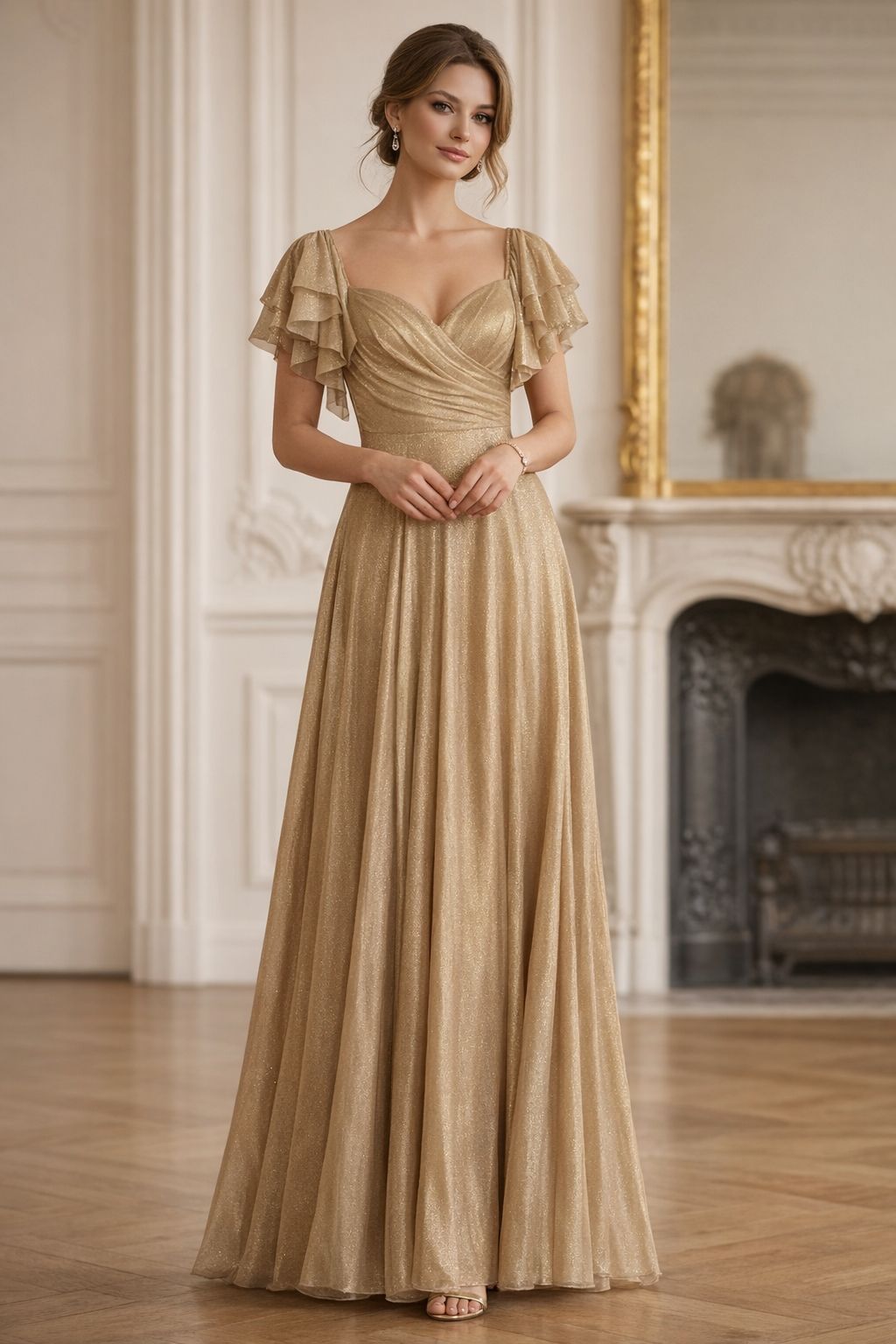 Vestido Sol Dourado Vestido longo dourado brilhante com mangas em babados