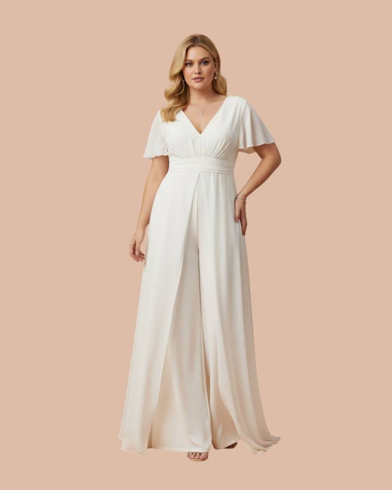 Macacão/Vestido Plus Size Macacão feminino branco com decote em V e mangas curtas