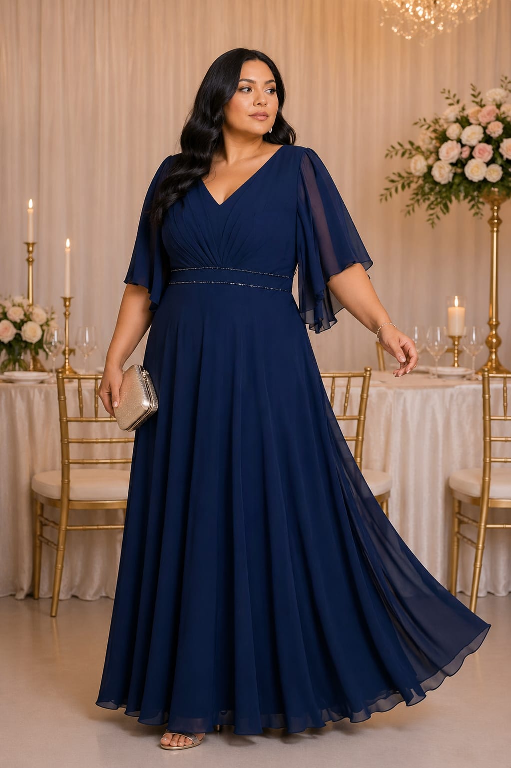 Vestido Eclipse Mulher com vestido comprido azul escuro com mangas transparentes e decote em V, segurando mala dourada