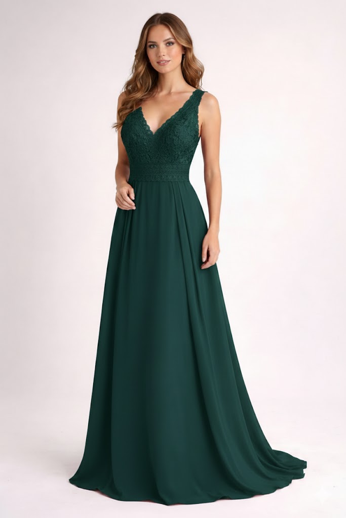 Vestido Tulipa Vestido longo verde escuro com corpete em renda e saia fluída