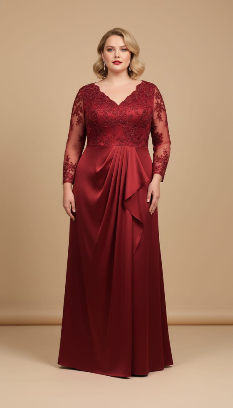 Vestido Vitória Vestido longo vermelho vinho com corpete rendado e mangas transparentes rendadas