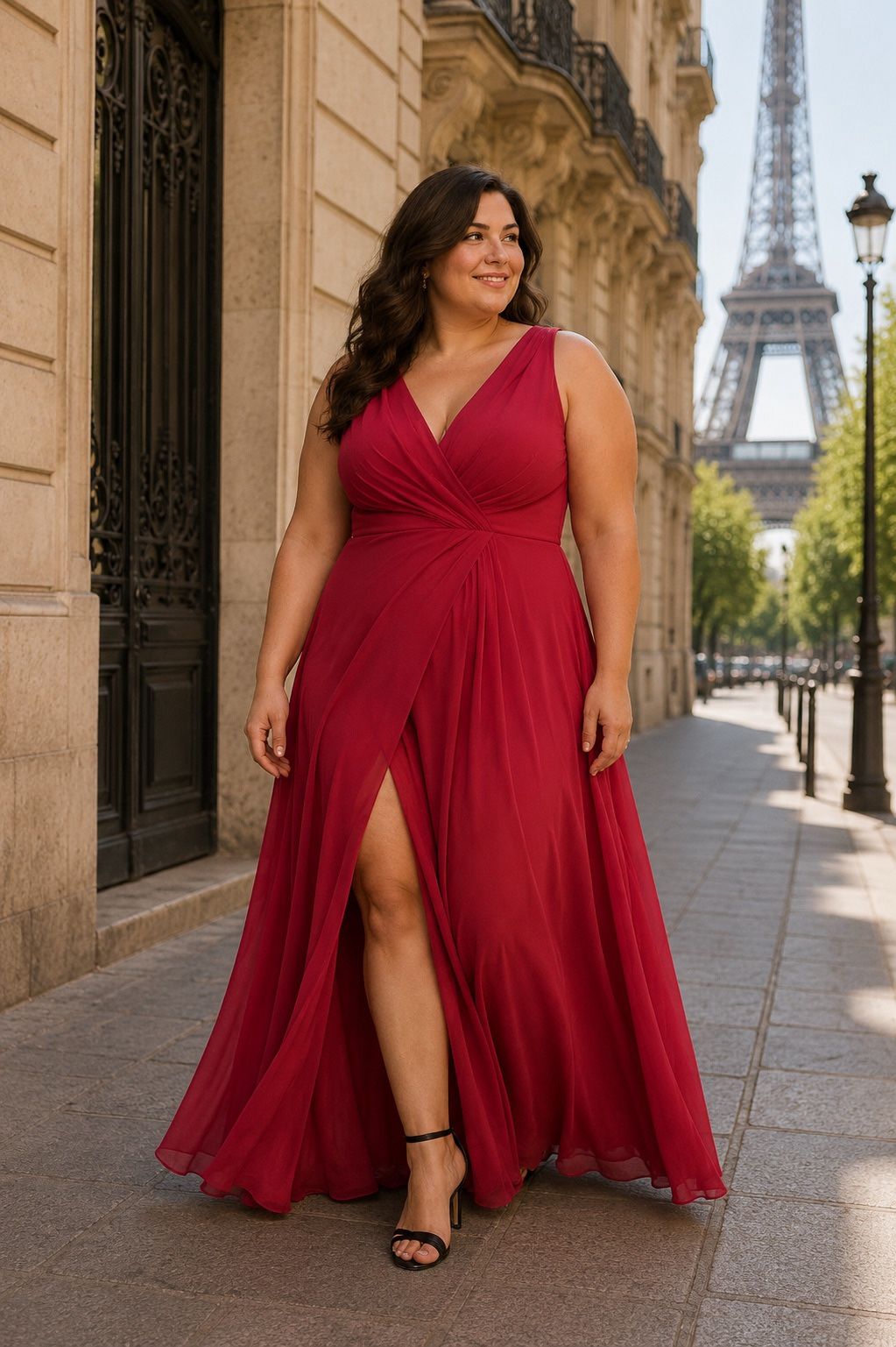 Vestido Marsala XL SIZE Mulher com vestido longo vermelho e sandálias pretas em rua com Torre Eiffel ao fundo