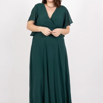 Vestido longo verde escuro com decote em V e mangas curtas