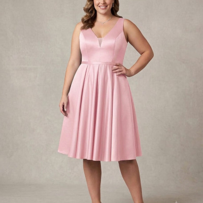 Vestido rosa com decote em V e saia rodada até ao joelho