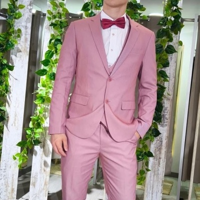 Homem de fato rosa claro com gravata borboleta vermelha em ambiente interior com plantas.