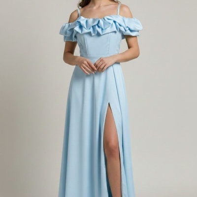 Vestido comprido azul claro com folhos e racha alta