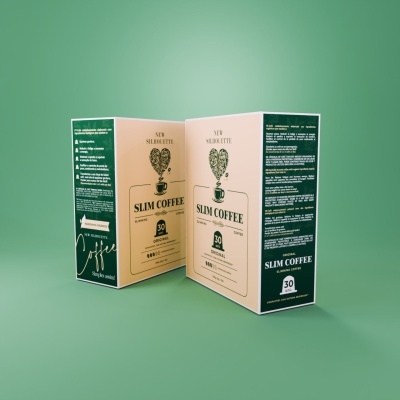 Embalagens de SLIM COFFEE em verde escuro e bege com textos e design de coração