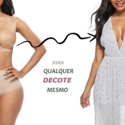 Mulher com lingerie bege e outra com vestido branco de decote profundo e padrão de pontos