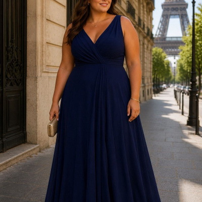 Mulher com vestido azul comprido em rua de Paris com Torre Eiffel ao fundo