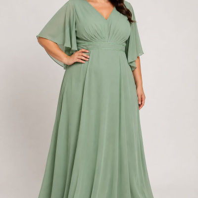 Vestido longo verde claro com mangas soltas e decote em V