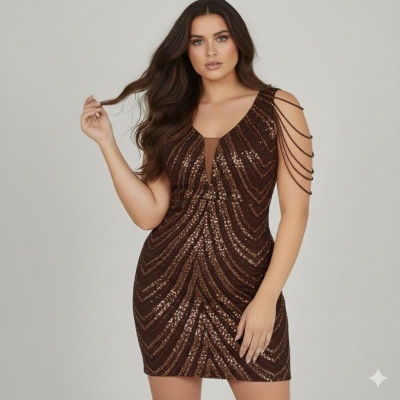 Vestido de festa castanho brilhante com lantejoulas e correntes no ombro.