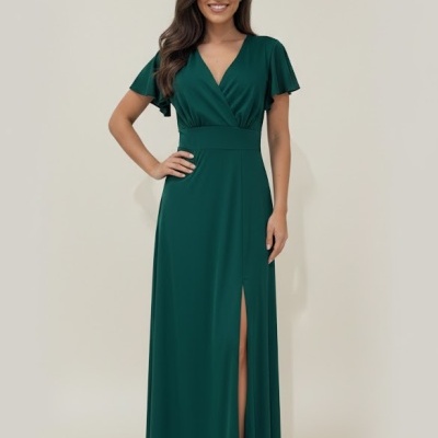Vestido longo verde escuro com decote em V e fenda lateral