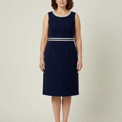 Vestido azul escuro sem mangas com faixas brancas na cintura