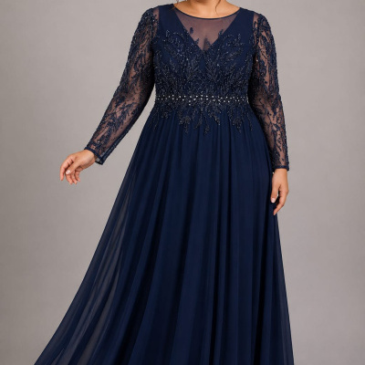 Vestido longo azul escuro com mangas em tule bordado e corpete decorado