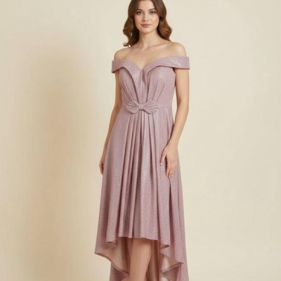 Vestido feminino rosa brilhante ombro a ombro com detalhe nó e saia alta-baixa