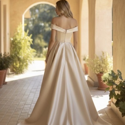 Vestido de noiva longo champanhe com decote ombro a ombro, visto de costas, numa esplanada com plantas e paredes bege.