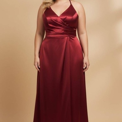 Vestido longo de cetim vermelho vinho com decote em V e alças finas