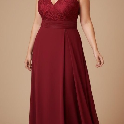 Vestido longo bordeaux com renda e saia fluida