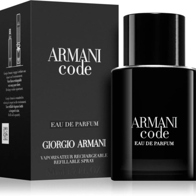 Frasco e caixa pretos do perfume Armani Code Eau de Parfum de Giorgio Armani.