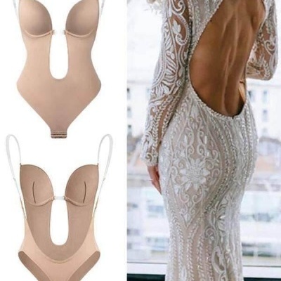 Body bege feminino estruturado e vestido branco longo rendado com costas abertas