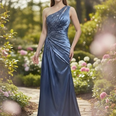 Vestido azul acetinado de festa com um ombro só e detalhes de lantejoulas