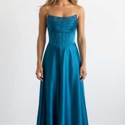 Vestido longo azul cetim com aplicação de pedraria no decote