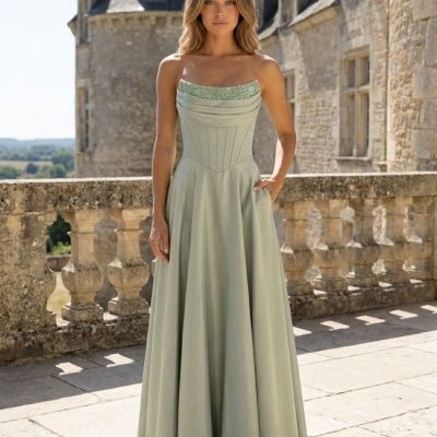 Vestido longo verde claro com corpete estruturado e detalhe com lantejoulas em cenário de castelo