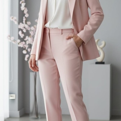 Mulher vestindo blazer e calças cor-de-rosa claro com camisa branca e sapatos de salto nude