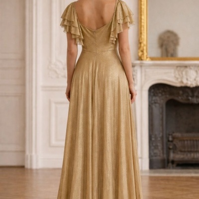 Vestido longo dourado com mangas com babados visto pelas costas