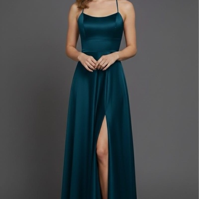 Vestido longo azul acetinado com racha frontal em modelo feminino