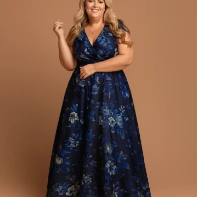 Vestido comprido azul escuro com flores azuis e brancas em fundo bege