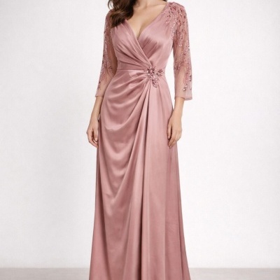 Vestido longo rosa antigo com decote V e mangas 3/4 bordadas