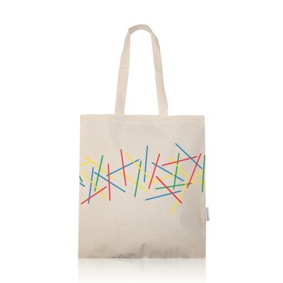 Mala tote bege com linhas coloridas cruzadas