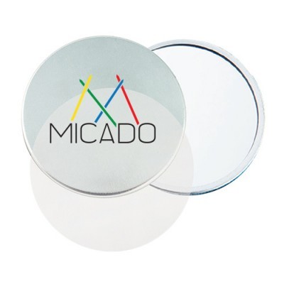 Espelho compacto redondo com capa prateada e logótipo MICADO colorido