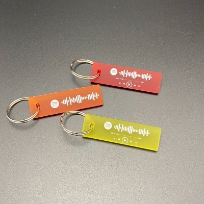 Três porta-chaves coloridos com padrões brancos e anéis metálicos sobre fundo cinza