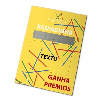 Cartão de raspadinha amarelo com riscas coloridas e área prateada para raspar