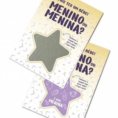 Cartas para revelar género de bebé com moldura estrela para raspar, texto 