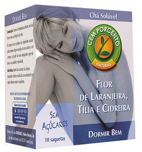 Embalagem de chá solúvel Cem Porcento Natural azul e branca