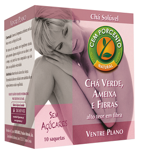 Caixa rosa e verde de chá solúvel CEM PORCENTO NATURAL com imagem de mulher
